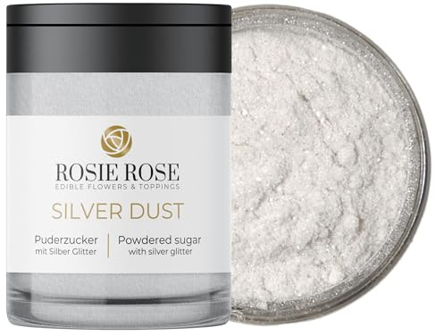ROSIE ROSE- Silber Puderzucker (30g) - Puderzuckerstreuer mit Glittereffekt - Essbarer Glitzer & Glitzerschnee - Puderzucker Streuer für Tortendeko Gold - Goldstaub Essbar zum Backen - Icing Sugar