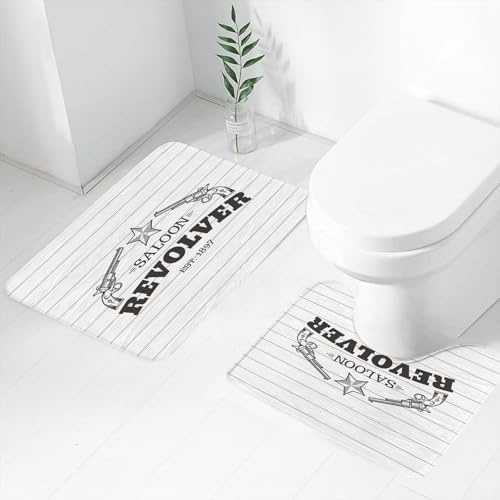 FEHWI Luxury 2 Piece Bath Mat Set Non Slip Ultra Soft Bathroom Mats Water Absorbent Bath Mats Machine Washable Rug Toilet Mat,Western, Vintage Revolvers Western Saloon Bar Star Theme Abstract Wood T