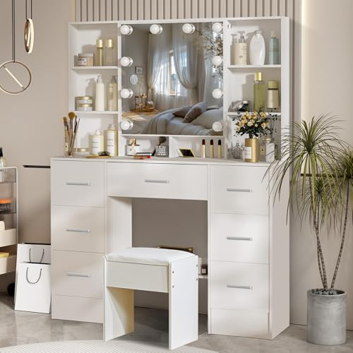 Saimeihome Weißer Schminktisch 100x40x140cm - mit LED-Licht, 6 Schubladen und großem Spiegel + Hocker für Schlafzimmer