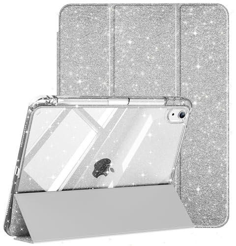 Lsmmpoba Hülle für iPad (A16) 11./10. Gen mit Stifthalter, Glitzer Silber | Für 2025/2022 Modell, Transparenter Glänzende Hartschale Rückseite, Auto Schlafen/Wachen