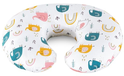 Labtec Baby Stillkissen Klein, Kissen, Nursing Breastfeeding Pillow für Fläschchenfütterung, Bauchzeit, Sitzunterstützung, 100% Baumwolle & Abnehmbarer Kissenbezug, Elefanten-Druck