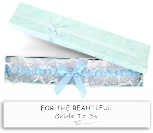 Kaempe Blue Garters for Brides, Wedding Garters for Brides Wedding Gift with Greeting Card and Box Bow Lace Stretchable Bridal Gift Accessories for Party, Engagement, Bridal Shower (Light Blue)