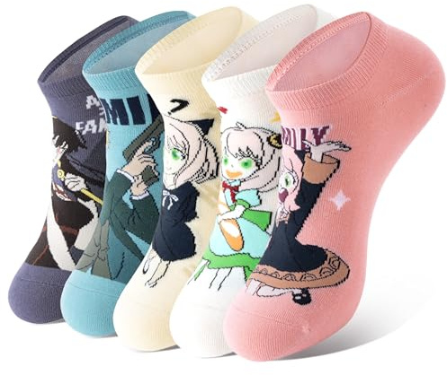 Satdflie 5 Paare Spy x Family Mädchen Baumwolle Socken für Frauen Anya süße Figuren gedruckte Knöchelsocken eine Größe