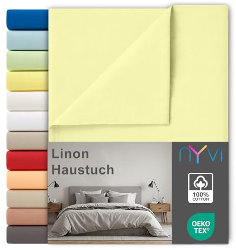 NYVI Linon Deluxe Bettlaken ohne Gummizug aus 100% atmungsaktiver Baumwolle - Betttuch auch als Sommerdecke nutzbar, Oeko-TEX 100, Bei 60°C waschbar - 150x250 cm Gelb