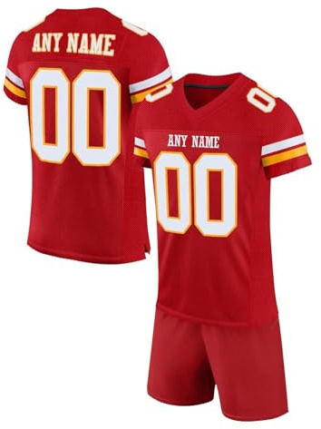 WEOPLKIN Ensemble de Football Américain Personnalisable avec Nom & Numéro, Maillot et Short en Maille Respirant pour Hommes, Femmes, Enfants rouge
