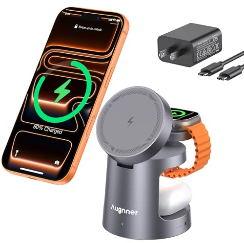 Caricabatterie senza fili con MagSafe,3 in 1 Caricatore Wireless Stazione,Rapida Wireless Phone Charger Stand per iPhone 17/16/15/14/13/12,AirP0ds 2/3/4/Pro, Apple Watch (Adattatore da 20W incluso)