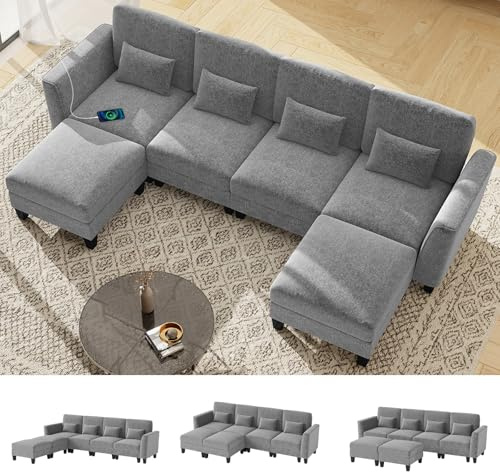 COSTWAY 280 cm Ecksofa mit 2 Ottomane & 4 Kissen, Modulares Sofa mit Schlaffunktion, U-Form Eckcouch mit USB- & Type-C-Ladeanschlüssen, 4-Sitzer Couch für Wohnzimmer, Schlafzimmer, Wohnung (Grau)