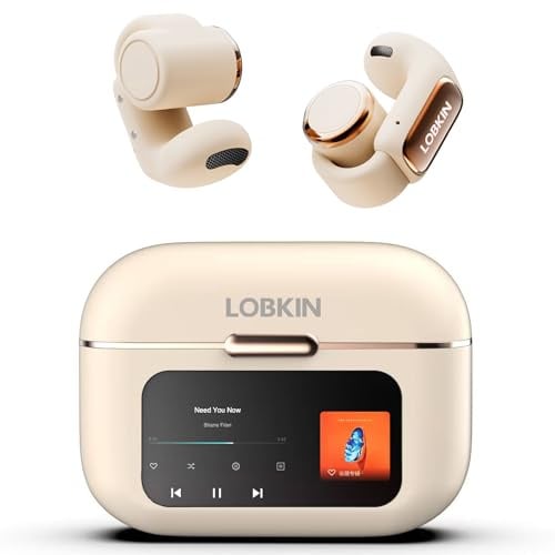 LOBKIN Open Earbuds, Écouteurs Oreilles Libres sans Fil Bluetooth 5.4, Écouteurs à Clip avec Écran LED et Mémoire de 4 Go, Microphone HD Intégré, 36 Heures d'Autonomie