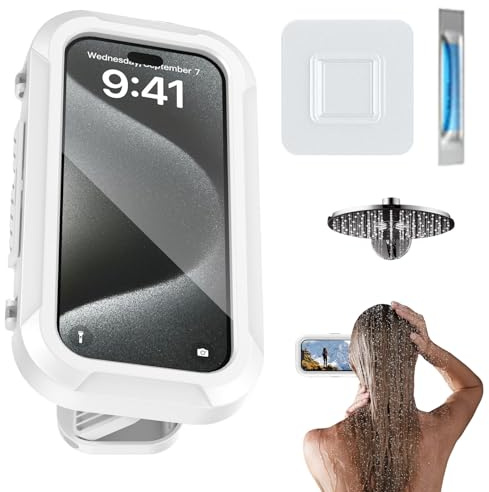 Shower Phone Holder – Waterproof Wall Mount Case | 360° Rotating Adhesive Stand | IPX6 Sealed Touchscreen Cover | Bathroom Mirror Bathtub Kitchen Pool Compatible for Phones Under 7 inches