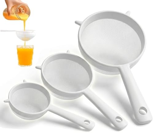 Set di 3 colini da cucina in plastica, colino da cucina in plastica, setaccio fine con manico, riutilizzabile, per tè, caffè, frutta, kefir (diametro 13,5 cm + ø 6,5 cm + ø 5 cm)