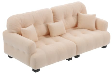 SEWACC Miniatur-Sofa für Puppenhäuser, Maßstab 1:25, Elfenbeinfarbenes, Beflocktes Doppelsofa mit Kissen für Puppenhäuser – Wohnzimmer-Accessoire für Kleine