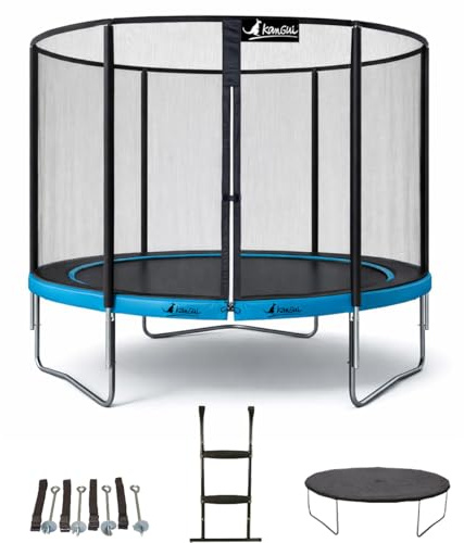 Kangui - Trampoline PUNCHI ATOLL + échelle + couverture de propreté et kit d'ancrage - Bleu et noir - Ø300cm - 360cm - 430cm