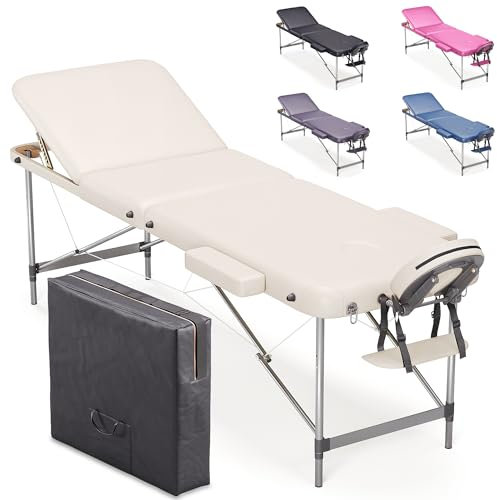 Beltom® Lettino per Massaggi 3 Zone Alluminio 195x70 Cm Portatile Pieghevole Angoli Arrotondati Rinforzati Panna