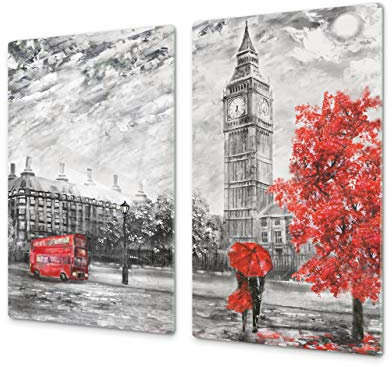 Couvre-cuisinière à induction – Planche de cuisine en verre trempé – Couvre-plaques de cuisson – UNE PIÈCE (60x52 cm) ou DEUX PIÈCES (30x52 cm chacune); D13 Série D'art: Big Ben rouge