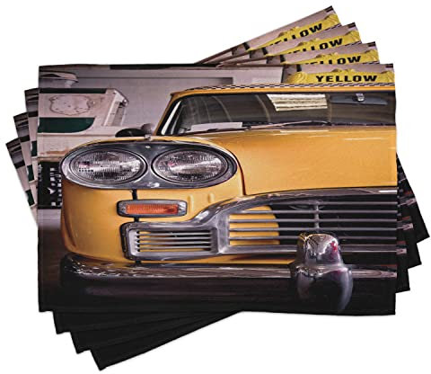ABAKUHAUS New York Sets de Table, Taxi Jaune Antique, Décoration de Table en Tissu Lavable pour Salle à Manger et Cuisine, Impression numérique, Jaune Gris