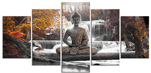 decomonkey - Impression sur Toile Bouddha 200x100 5 Pièces - Tableau Décoration Appartement Déco Salon Peinture sur Toile Bouddha forêt nature orienter cascade arbres rivière paysage