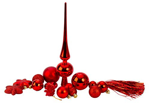 Geschenkestadl 100 teiliges Exlusives Set Weihnachtskugel Lamettini Lametta Anhänger Christbaumspitze Herz Farbauswahl (Rot)