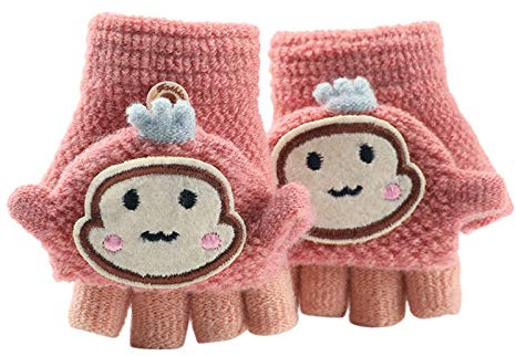 Asalinao Soft Cabrio Flip Top Handschuhe Kinder Baby Winter Warm Strick Fingerless Mitten, Süße Cartoon warme Handschuhe für Kinder, süße Handschuhe für Kinder von 1-3 Jahren (Rosa)