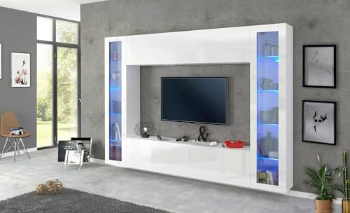 Dmora Parete attrezzata Luigi, Set Salotto Porta TV a 4 Ante, Mobile Soggiorno Multiuso, 100% Made in Italy, cm 260x30h180, Bianco Lucido, con Luce LED Blu e Due vetrine