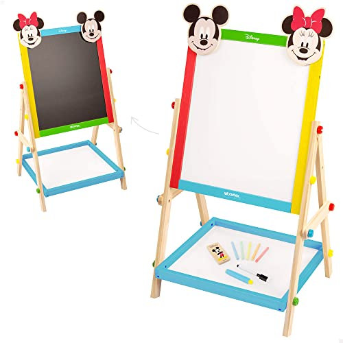 WOOMAX Disney - Minnie y Mickey Pizarra Madera niños, Mide 37,5x65 cm, Pizarra Doble Cara, Incluye tizas, Borrador y Marcador Negro, Pizarra de pie para niños, +4 años (48739)