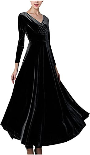 Ladies Maxi Dress Velvet Empire Waist Long Sleeve V Neck Long Dresses Womens Occasion Black Tie Event Party Gowns Vintage Solid A Line Swing Flared Dresses