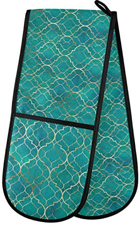 Seamless Green Teal Moroccan Tiles with Golden Gold Geometric Double Oven Mitt Gloves Extra Long Potholder High Heat Resistant for Baking Cooking Baking Grilling Handling Hots Pans 35x7