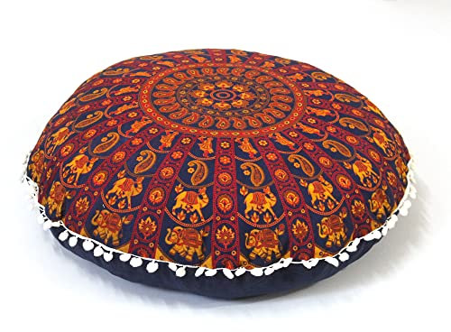 Runder Mandala-Bodenkissenbezug, Sitzkissen, Überwurf, Hippie, dekorativer Bohemian-Pouf-Bezug, Pompom-Kissenbezüge, Boho-Indisch, 55,9 cm (Orange)