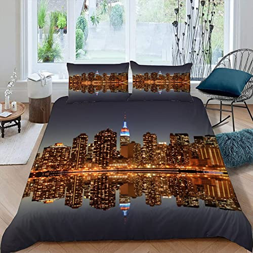 RFFLUX New York Bettwäsche 155x220 cm 3teilig mit Reißverschluss 3D Modern Stadt Landschaft Bettwäsche Sets Warme Winter Sommer Weich und Angenehme Bettbezüge mit 2 Kissenbezug 80x80 für Teenager