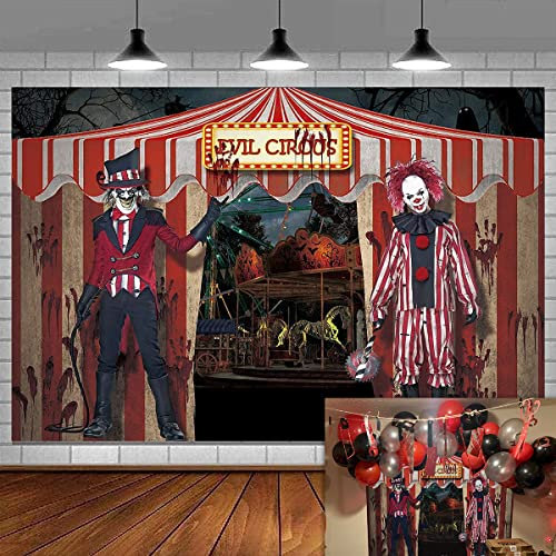 Halloween-Hintergrund mit bösem Zirkus-Motiv, riesiger böser Clown, Halloween, Karneval, Geburtstagsparty, Hintergrund, blutige Hände, gruselige Haindekoration, Banner (210 cm x 150 cm)