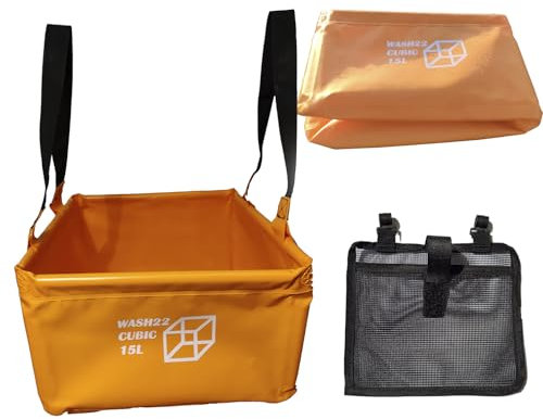 WASH22 Cubic 15L Folding Collapsible Camping Washing Basin Bucket Bag Tidy for Tents Motorhomes Campervans Caravans (Orange | Mesh bag)