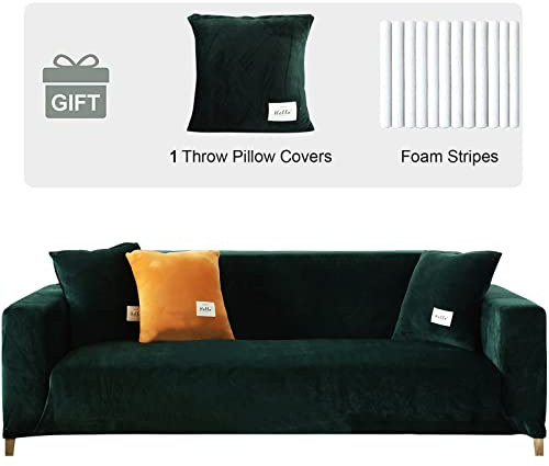 Samt Sofabezug 4 Sitzer - Weich High Stretch Antirutsch Couchbezug Sofaschutz, Plüsch Sofa Schonbezüge mit 1 Kissenbezug für Wohnzimmer (Dunkelgrün, 4-Sitzer für 230-300cm)