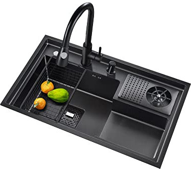 Fregadero De Cocina Negro Fregadero Bajo Encimera Acero Inoxidable 1 seno Fregadero De Bar Fregadero de Lavado de Vajilla con Grifo y Componentes De Drenaje Lavadora de Vidrio para Campar encimera bañ