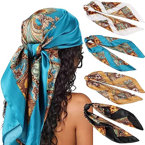DRESHOW 90x90cm Große Quadratische Schals für Damen Seide Kopftuch Bandanas Haartuch Halstuch Haarschmuck