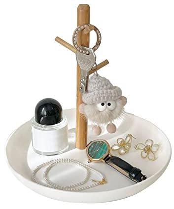 UIYIHIF Cuenco para Llaves para Entrada, Bandeja de Joyería Moderna Y Bandeja para Llaves, Bandeja de Almacenamiento de Mesa Redonda con Soporte de Madera, Organizador de Platos de Joyería(Blanco)