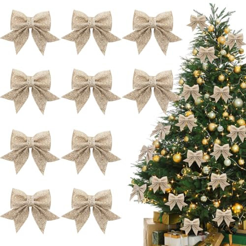 ACTOYS Lazos Navidad,10 Lazos Arbol Navidad, Lazos Regalo, Lazo Purpurina, Decoracion Arbol Navidad, Adornos Navidad, Arco de Navidad, Adornos Navideños Decoración Regalos Casa (Color Champagne)