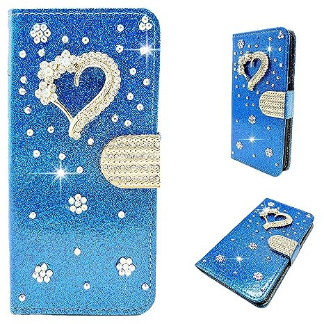 BLOTECH Hülle für Samsung Galaxy A41,Leder Brieftasche Glitzer Schutzhülle Glänzende Bling 3D Schnalle & Liebe Etui Schale Kartenfächer Magnet HandyCase für Samsung Galaxy A41,Blue