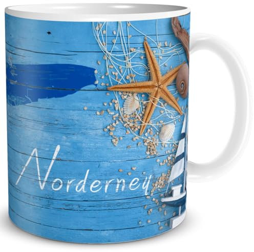 TRIOSK Tasse Norderney Nordsee Insel Souvenir Geschenk Maritim für Reiselustige Nordseeliebhaber Frauen Männer Büro Kollegen, Keramik 300ml