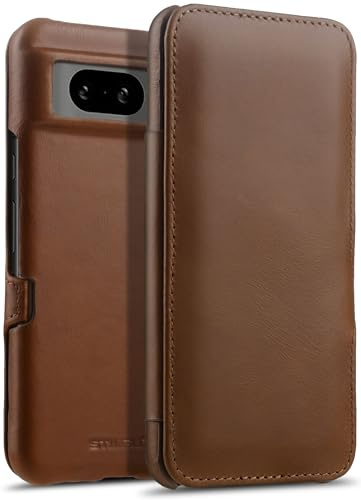 STILGUT Book Case kompatibel mit Google Pixel 8 Hülle aus Leder mit Clip-Verschluss, Lederhülle, Klapphülle, Handyhülle - Cognac