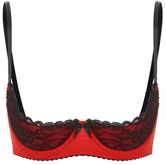 Kaerm Women's Lace Underwire Balconette Bras Push Up Half Cup Shelf Bra Lingerie Bust Bodice Red M