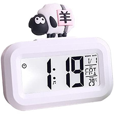 OKJHFD Cartoon Kleine Intelligente Niedliche Elektronische Uhr mit LED-Bildschirm Desktop Elektronische Alarm Daten Zeit Kalender Temperatur Uhr (Weißes Schaf)