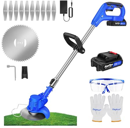 Akku-Rasentrimmer 21V Elektrischer Rasentrimmer, Batteriebetriebener Garten-Rasen-Unkraut-Trimmer Elektro-Trimmer Gartenkantenfräser mit Klingen für Garten, Hof (2X 1500mAh Akkus)