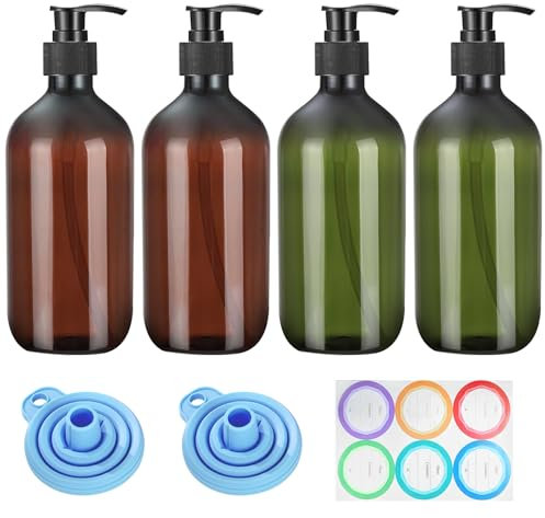GAOHAN 4 Pack Pump Bottle Dispenser, 500ml Refillable Amber Bottle with Funnel, Pump and Label for Lotions, Shampoo, Conditioner(2 Green+2 Brown)