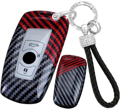 ontto Schlüsselhalter mit Schlüsselanhänger, passend für BMW 1er, 2er, 3er, 4er, 5er, 6er, 7er-Serie 2009–2017, Autoschlüssel-Hülle, Carbon-Muster, Schlüsselgehäuse passend für BMW