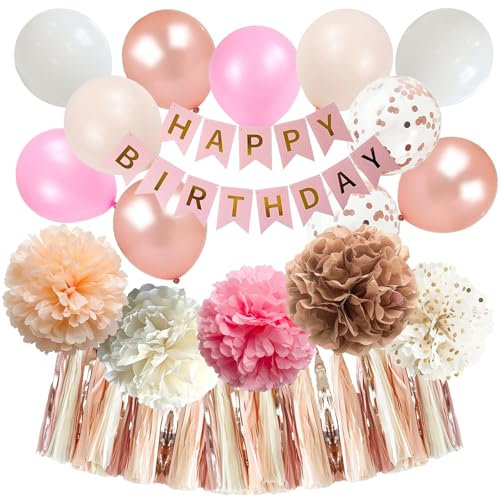 Hyballustw Pink and Rose Gold Birthday Decorations for Women Girls, Pink Birthday Décor with Peach Blush Ivory Beige Cream Pompoms Tassel Garland Banner Balloons