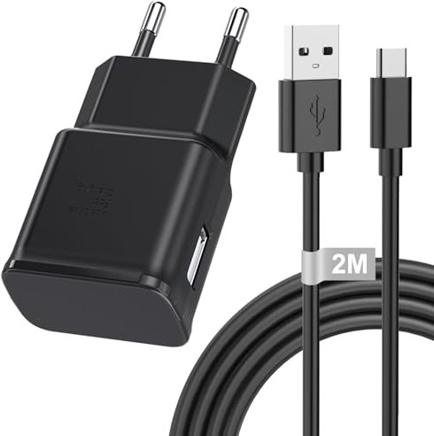 Caricabatterie Samsung 15W con 2M Cavo USB Type-C Ricarica Rapida per Samsung Galaxy S10/S10e/S9/S8 Plus/A13/A14/A15/A33/A34/A52/A54 5G, Caricatore Rapido Samsung Alimentatore Presa USB Spina (Nero)