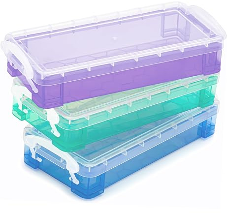 Qualsen 3 Pack Pencil Box with Snap-Tight Lid, for Office, 21 x 10 x 4 cm | Multicolor Plastic Clear Pencil Case Stackable Large Capacity Stationary Organiser for Crayon, Pen, Stationery Supplies
