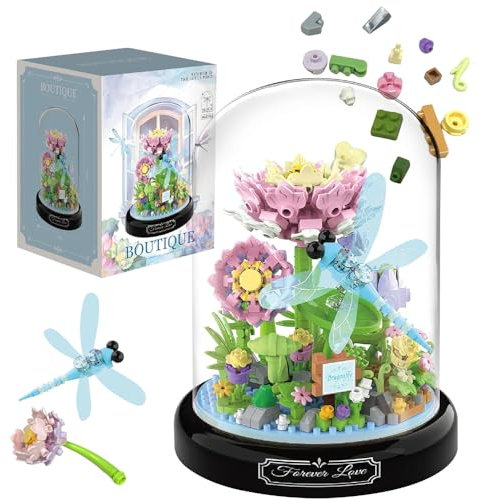Fiotha Blumen Bauspielzeug Set, Libelle Blumen Mini Baustein Set mit Schutzhülle, Mikro Blumen Bausteine mit Schutzhülle, Blumen Insekten Bausteine, Geschenk für Kinder Erwachsene (568 Teile)