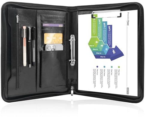 Schreibmappe 2 Ringbuch A4 Konferenzmappe Reißverschluss Leder Wasserdicht Organizer Mappe Dokumentenmappe Schwarz