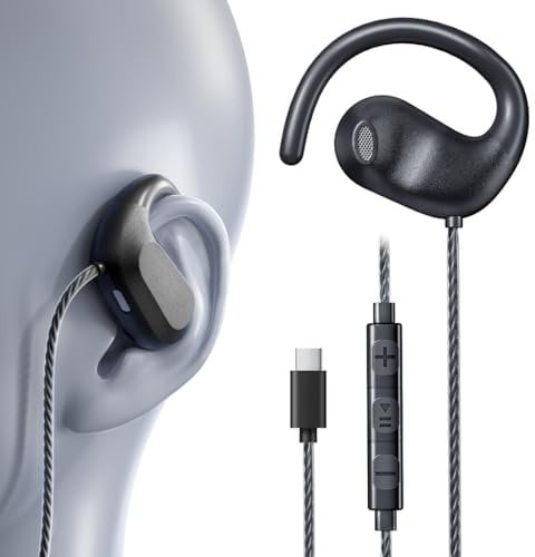 USB C Headphones Wired Earbuds Type c | Open Ear Headphones with Mic | Running Earbuds with Rotatable Earhook & Volume Control for iPhone 15 & 16, Samsung, Android USB C Phones, Tablets & Laptops