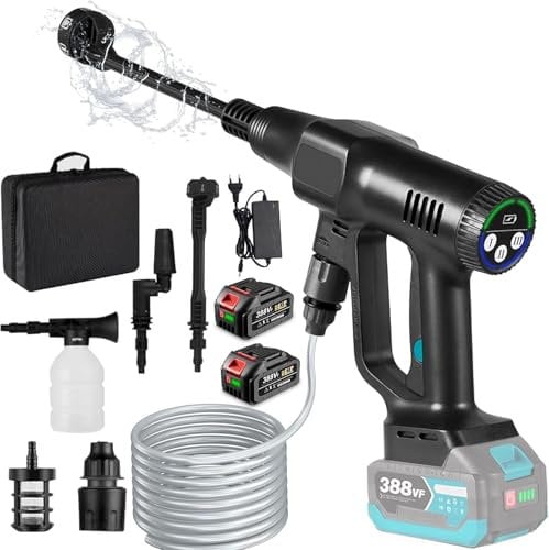 Hidrolimpiadora Bateria de 3 velocidades máx. 18V 200 bar/2900 PSI, portatil Pistola de Agua a presión con Boquilla Ajustable 6 en 1press and Clean de para Coche (Negro con 2 Pilas)